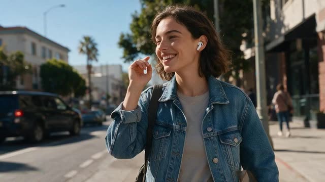 Woman walking a sunny street listening to music