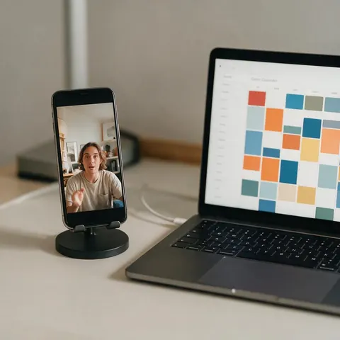 Phone with a vertical video beside a laptop content calendar