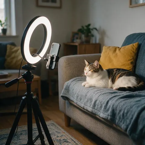 Phone on a tripod filming a cat on a sofa