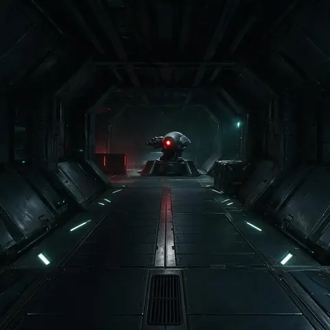 Sci-fi game scene with a security turret robot glowing red in a space station corridor