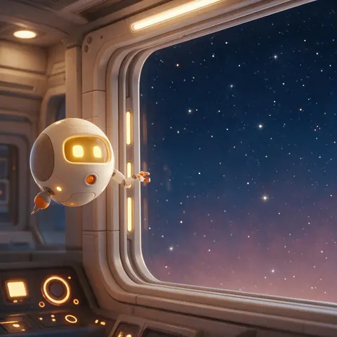 Animated frame of a small round sidekick robot floating in a spaceship cockpit
