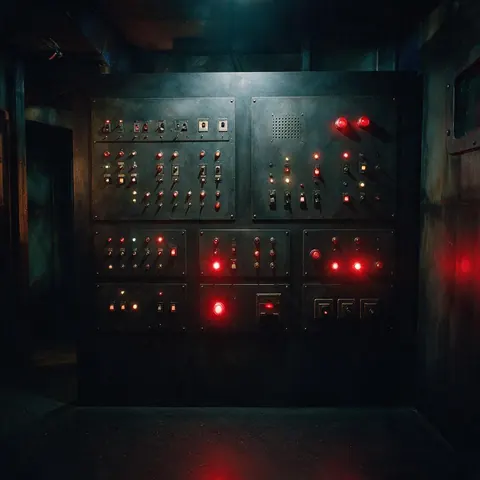 Escape room built like a retro spaceship control room with blinking switches and red warning lights