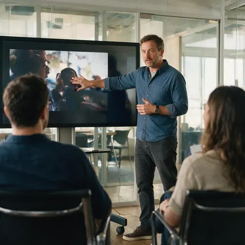 Agency producer presenting a video in a glass meeting room