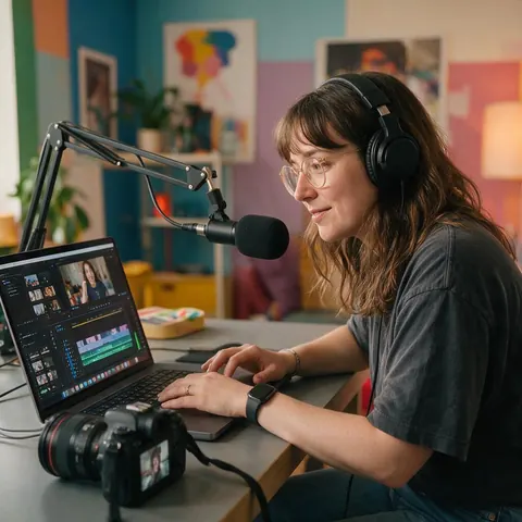 Creator editing on a laptop at a desk with a camera and microphone