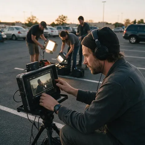 Filmmaker reviewing footage on a field monitor at dusk