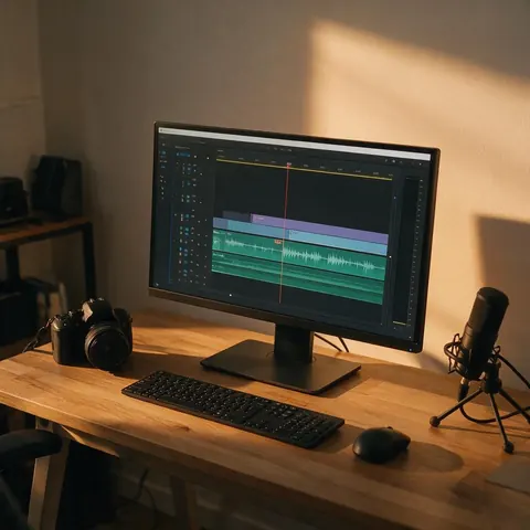 Editing desk with a video timeline and a highlighted voice-over track on screen