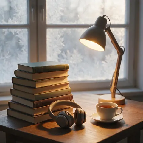 Hardcover books, headphones and tea by a frosty window