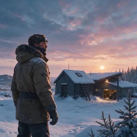 Game scene of an original adult character in a winter coat at a snowy research outpost