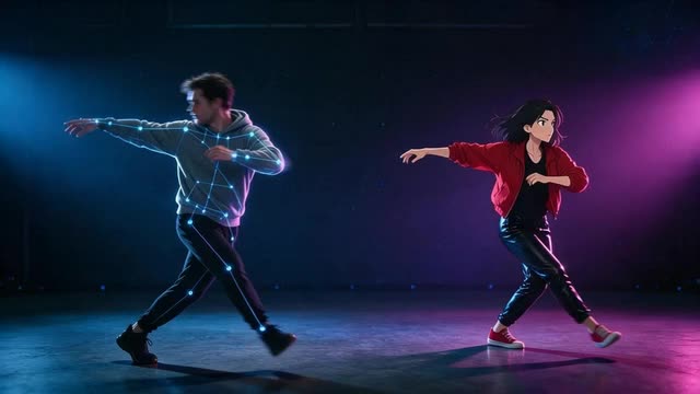 Looping clip of a dancer's spin traced by 3D pose lines and copied by an anime character