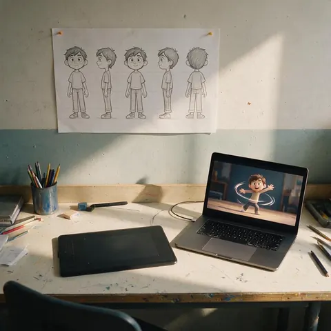 Character turnaround sheet above a tablet and a laptop playing a spin test
