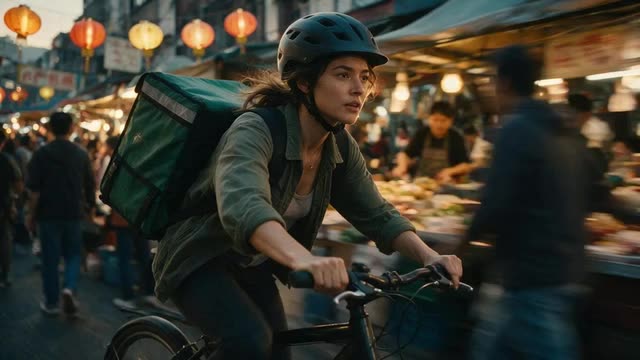 Courier on a bicycle in a lantern-lit market with jacket and hair moving