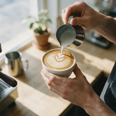 Hands pouring rosetta latte art in a sunlit café