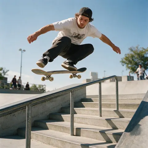 Skateboarder mid-ollie over stairs in a sunny concrete plaza