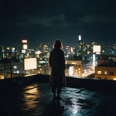 Woman in a long coat on a rainy rooftop overlooking a city at night