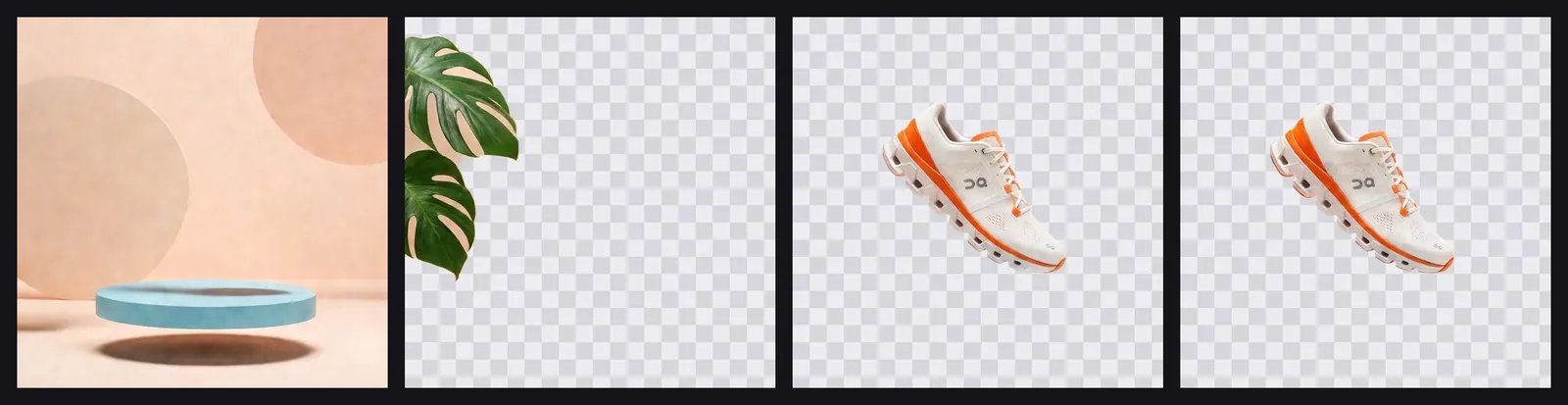 Sneaker ad: a running shoe above a blue pedestal with leaves and geometric shapes (after)
