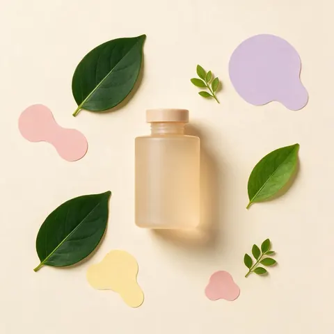 Skincare ad layout with a bottle, leaves and pastel shapes