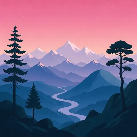 Flat mountain landscape illustration with layered depth