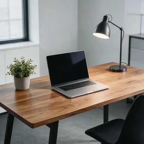 Silver laptop on a wooden desk with a plant and a lamp