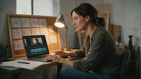 A director at a desk with storyboard sketches and a video timeline