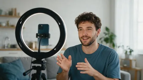 A creator filming in a bright apartment with a ring light