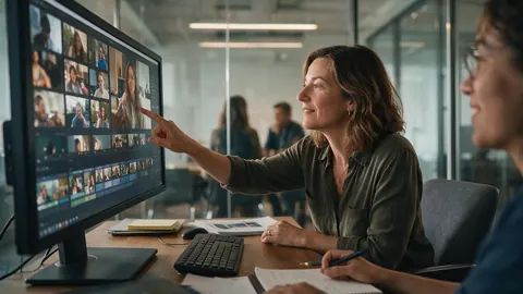 A producer reviewing video clips on a large monitor in a meeting room