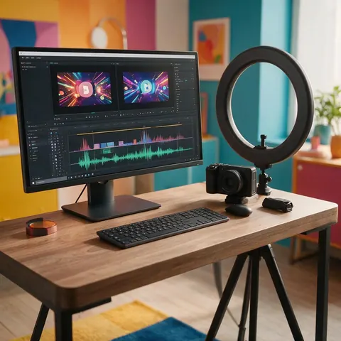 Creator desk with a short intro edit and music clip on screen