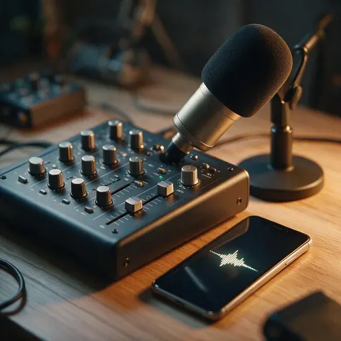 Podcast mixer and microphone with a short jingle waveform
