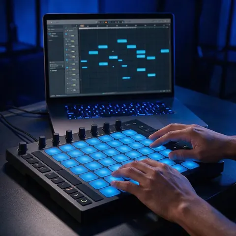 Hands on glowing drum pads with a beat pattern on a laptop