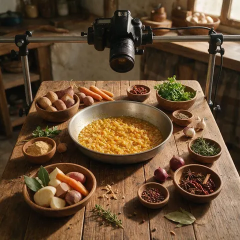 Overhead camera rig filming a pan of golden sofrito and stew ingredients
