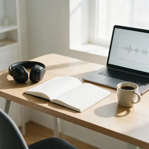 Study desk with headphones, notebook and a laptop playing an audio lesson