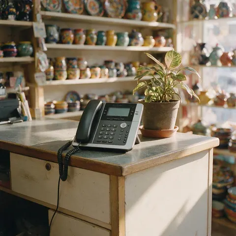Small shop counter with a desk phone in front of shelves of colourful ceramics