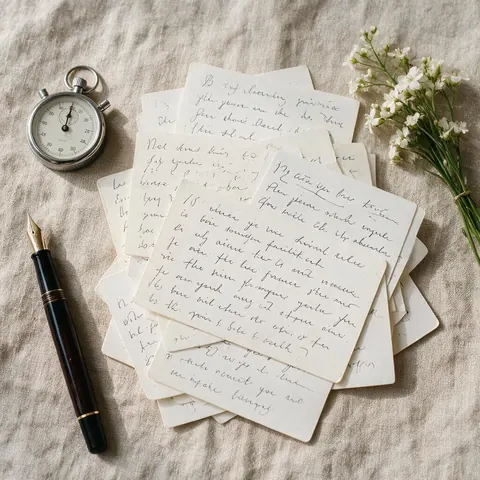 Speech cards, a pen, a stopwatch and white flowers on linen