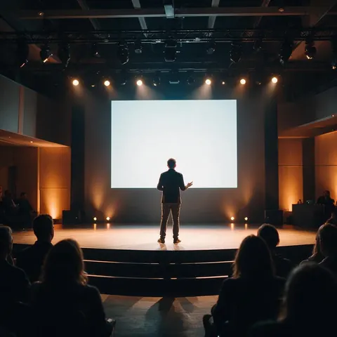 Presenter seen from behind on a conference stage facing a blank glowing screen