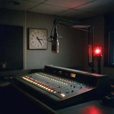 Radio studio with a broadcast microphone, mixing desk and glowing on-air light