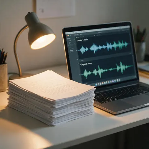 Manuscript pages beside chapter audio waveforms