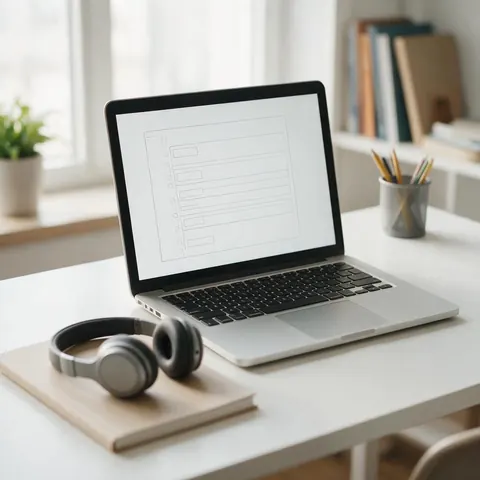 Laptop with lesson audio clips and headphones