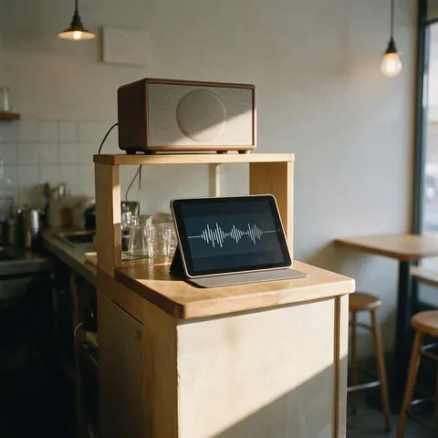 Cafe counter with a speaker and an announcement waveform