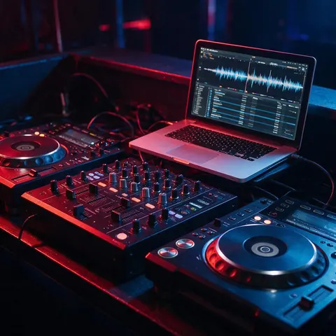DJ booth with a laptop showing a techno waveform