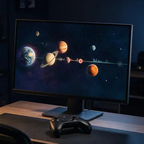 Space game level on screen next to a music timeline