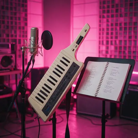 Keytar and microphone in a neon-lit 80s-style studio