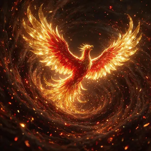 Phoenix with crimson and gold feathers rising from swirling embers