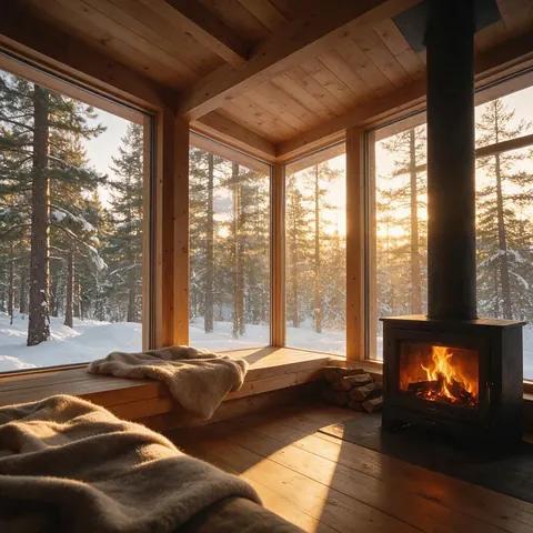 Timber cabin interior with a fireplace and snowy forest windows