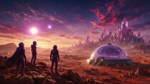 Research dome on a red desert planet with crystal mountains and two setting suns