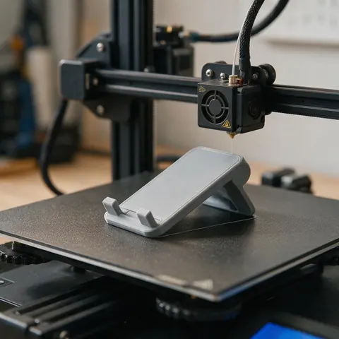 3D printer printing a phone stand on its flat side