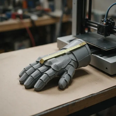 3D printed armour gauntlet being measured on a workbench