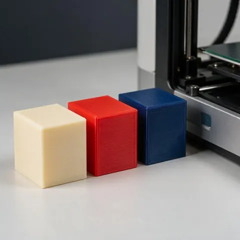 Three 3D printed calibration cubes beside a printer