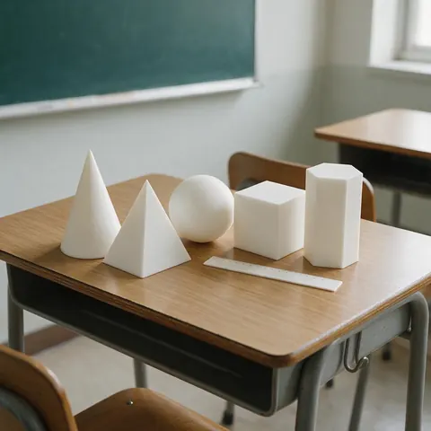 White 3D printed geometry solids on a classroom desk