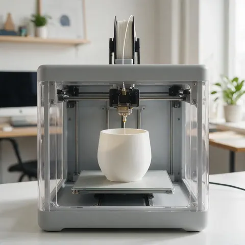 Enclosed 3D printer printing a white planter