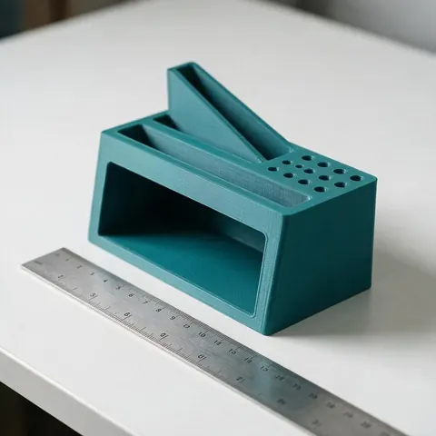Teal 3D printed desk organiser beside a steel ruler