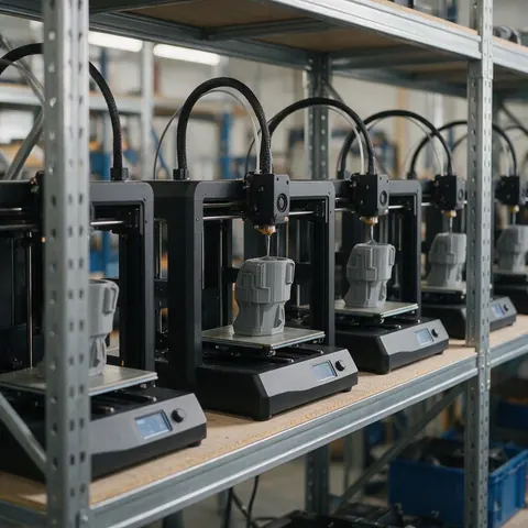 Row of 3D printers on shelving printing the same part